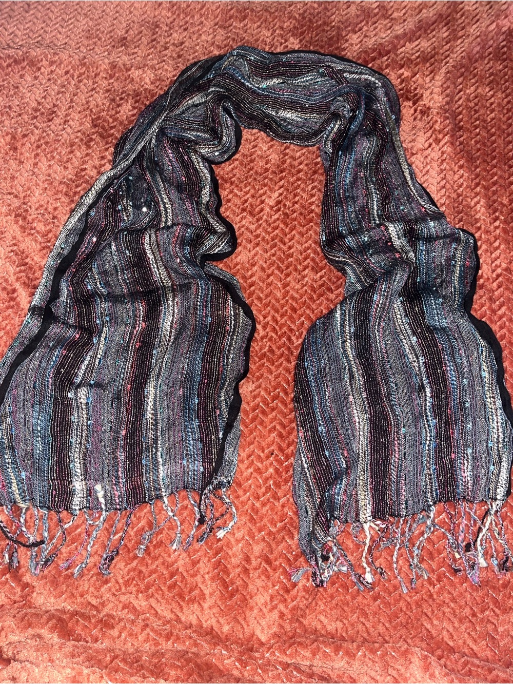 Striped Metallic Thread Scarf in Black and Silver